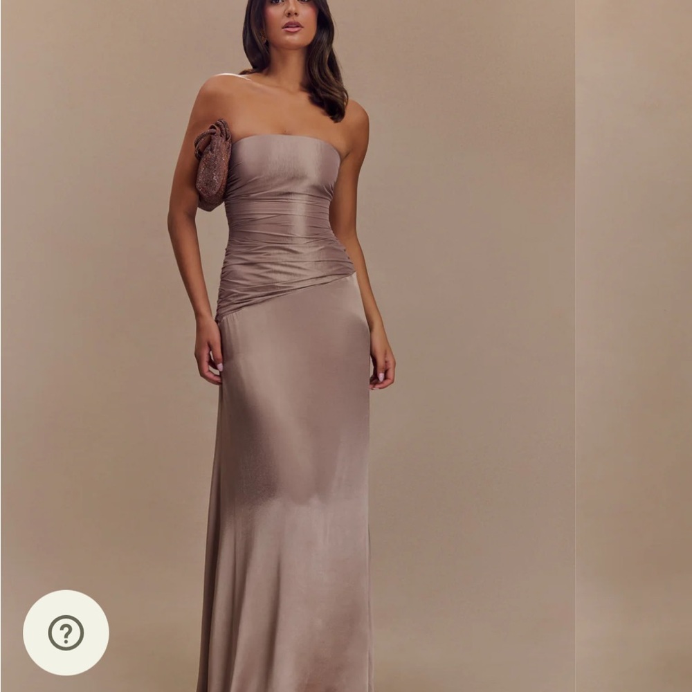 Meshki Strapless Satin Dress in Taupe